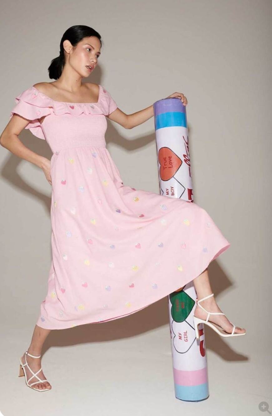 Olivia Rubin Talia Midi Pink Dress Womens Medium Strawberry Embroidery Summer